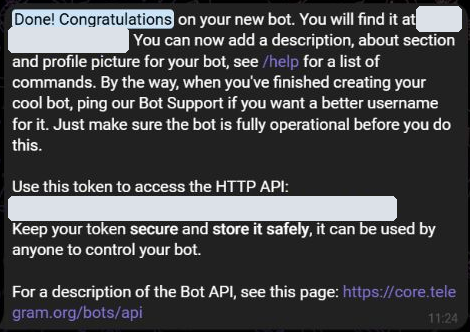 Сообщение BotFather об успешном создании бота. Токен находится под строкой Use this token to access the HTTP API; на примере его значение скрыто.